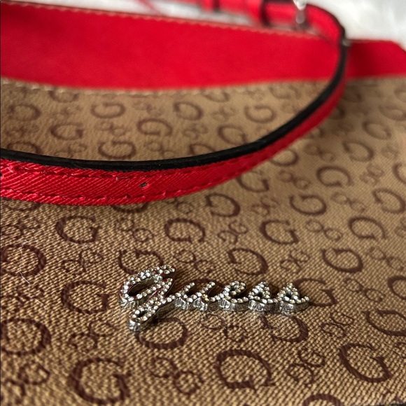 Guess Red and Tan pebbled Crossbody Bag silver jeweled logo purse - Picture 4 of 11